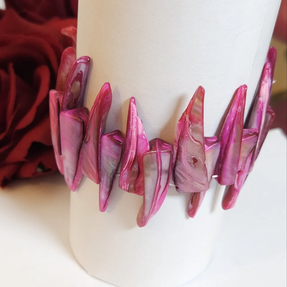 Pink Mother of Pearl Spikey Shell Stretch Bracelet HOT Pink Statement Bracelet